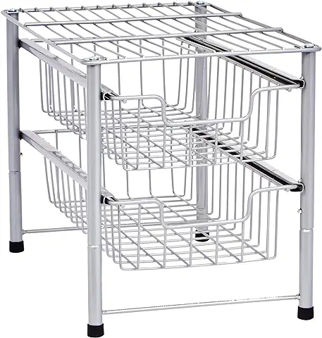 Amazon Basics Organizador con Cestas Deslizantes en 2 Niveles, Acero Inoxidable, Plateado, 42,5 x 27,5 x 31,2 cm  