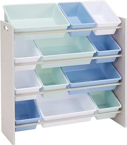 Amazon Basics - Organizador de Juguetes con 12 Compartimentos de Plástico, Madera Gris Con Azules, 27.7 x 85.3 x 79.0 cm  