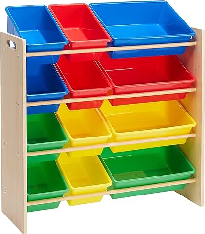 Amazon Basics - Organizador de Juguetes con 12 Compartimentos de Plástico, Madera Natural Con Compartimentos Brillantes, 27.7 cm x 85.3 cm x 79 cm  