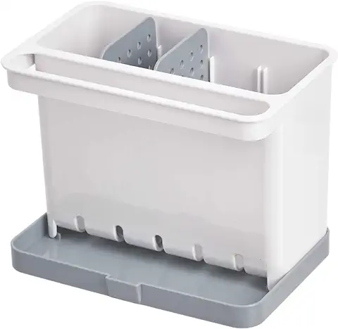 Amazon Basics - Organizador para el Fregadero y Recipiente para Estropajos, Estándar, Plástico, Blanco  