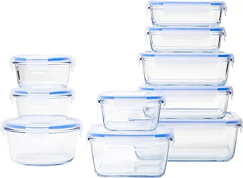 Amazon Basics - Recipientes de Cristal para Alimentos, con Cierre 20 Piece Set (10 Envases + 10 Tapas), sin BPA, Transparente, Azul  