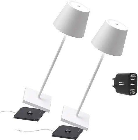 [Amazon Exclusive] Zafferano Poldina Pro Kit 2x Lámpara Portátil, Cargador USB Doble Aiino para Cargar Simultáneamente Lámpara/Smartphone, LED Regulable, Base de Carga por Contacto, H38cm - Blanco  