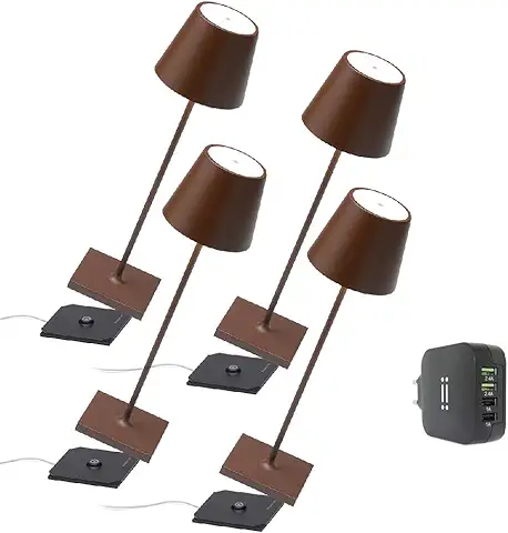 [Amazon Exclusive] Zafferano Poldina Pro Kit 4x Lámpara Portátil, Cargador USB Cuádruple Aiino para Cargar Simultáneamente Lámpara/Smartphone, LED Regulable, Base de Carga por Contacto, H38cm - Corten  