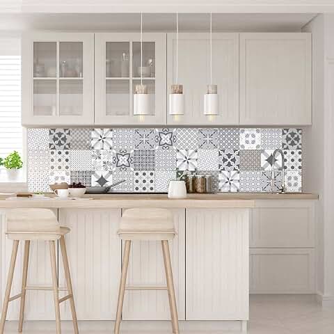 Ambiance 30 Pegatinas de Azulejos | Vinilo Decorativo Autoadhesivo Baldosas de Cemento – Stickers Mosaico Alicatado Sala de Baño y Cocina - Adhesivos de Pared Azulejos – 15 x 15 cm – 30 Unidades  