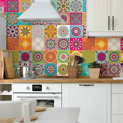 Ambiance 60 Pegatinas de Azulejos | Vinilo Decorativo Autoadhesivo Baldosas de Cemento – Stickers Mosaico Alicatado Sala de Baño y Cocina - Adhesivos de Pared Azulejos – 20 x 20 cm – 60 Unidades  