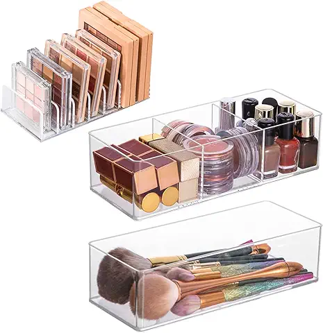 Anruyi 3PCS - Organizador de Maquillaje Acrílico 2 Cajones, Almacenamiento de Maquillaje Transparente 2 Cajones +1 Soporte Transparente para Sombras de Ojo para Cosméticos  