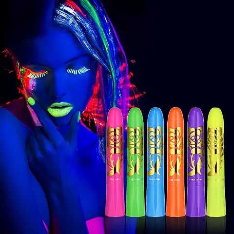 AOOWU Pintura De Cara De Neón Brillante UV, 6 Ceras Fluorescente De Color De La Cara, Lavable No Tóxico Cera Lápiz UV Neón Para Rostro y Cuerpo, Para Halloween, Mardi Gras, Fiesta De Disfraces  