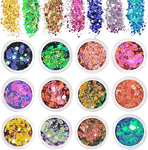 AOOWU Purpurina Polvo, 12 Colores para Glitter Maquillaje, Acrilico Chunky Glitter para Ojos, Cara, Pelo, Uñas, para Manualidades Brillante Decoración Festival  