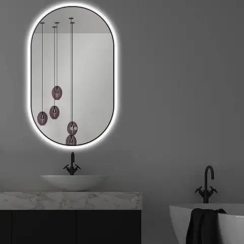 ApeJoy Espejo de Baño Ovalado 45 x 75 cm Espejo de Pared Antivaho Negro mate Marco de Metal Iluminación Espejo de Baño Interruptor Táctil Espejo de luz Regulable Blanco Cálido/blanco Frío/neutro AJ29S  