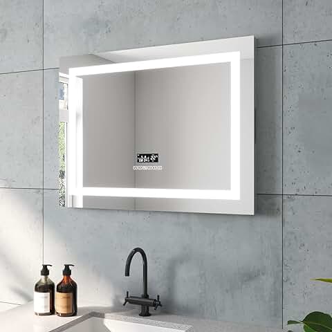 AQUABATOS Brussels - Espejo de Baño con Iluminación, 80 x 60 cm, Reloj Bluetooth, Altavoz Táctil, Interruptor Táctil, Regulable, Blanco Frío, Blanco Neutro, Blanco Cálido, Ajustable, Antivaho  