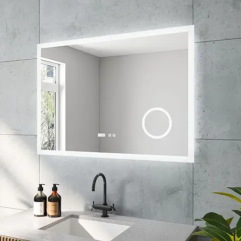 AQUABATOS Echos - Espejo de Baño LED (100 x 70 cm, sin Vaho, Antivaho, 3 Aumentos, Reloj Táctil, Función de Memoria Regulable, Temperatura de Color, luz Blanca Fría, 6400 K)  