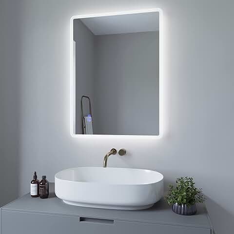 AQUABATOS Espejo de Baño con Iluminación, 80 x 60 cm, Espejo de Pared LED, Interruptor Táctil, Regulable, Blanco Frío 6400 K, Calefacción de Espejo, Antivaho, IP44, CE  