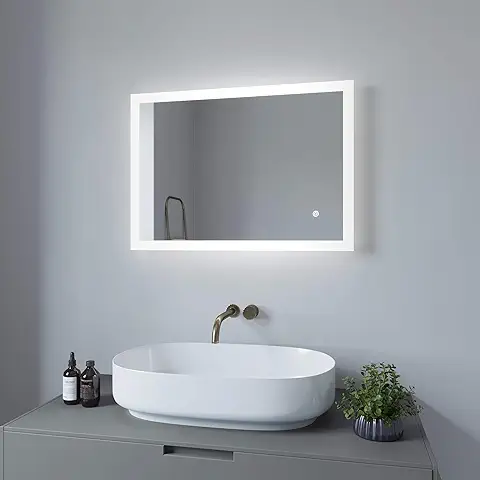 AQUABATOS® Espejo de Baño de 70 x 50 cm, Espejo de Baño con Iluminación, Espejo de luz LED Táctil, sin Vaho, Blanco Frío, 6400 K, Regulable, Calefacción de Espejo, Antivaho  