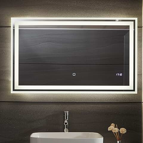 Aquamarin® Espejo de Baño con Luz LED - 120 x 60 cm, A++, de Pared, Luz Blanca/Caliente/Neutra, Táctil, Antivaho, Reloj Digital, Función de Memoria - Espejo Iluminado Rectangular, Moderno  