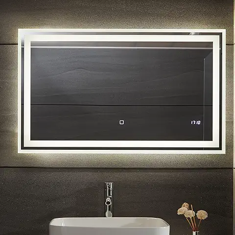 Aquamarin® Espejo de Baño con Luz LED - 50 x 70 cm, A++, de Pared, Luz Blanca/Caliente/Neutra, Táctil, Antivaho, Reloj Digital, Función de Memoria - Espejo Iluminado Rectangular, Moderno  