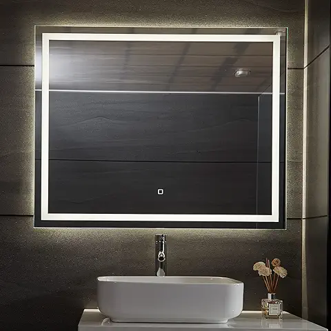 Aquamarin® Espejo de Baño LED - CEE: A++, Táctil, de Pared, 3 en 1 Luz Blanca Fría/Cálida/Neutra, Función de Memoria, Antivaho, Tamaño a Elegir - Espejo con Iluminación, con Luz (100 x 80 cm)  