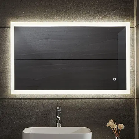 Aquamarin® Espejo de Baño LED - CEE: A++, Táctil, de Pared, 3 en 1 Luz Blanca Fría/Cálida/Neutra, Función de Memoria, Antivaho, Tamaño a Elegir - Espejo con Iluminación, con Luz (50 x 70 cm)  