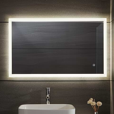 Aquamarin® Espejo de Baño LED - CEE: A++, Táctil, de Pared, 3 en 1 Luz Blanca Fría/Cálida/Neutra, Función de Memoria, Antivaho, Tamaño a Elegir - Espejo con Iluminación, con Luz (80 x 60 cm)  