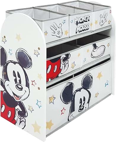 ARDITEX Mueble Organizador de Juguetes Mickey Mouse, Estantería Infantil de Madera y 6 Cestos Textiles de Almacenaje, Estilo Montessori para Habitación o Sala de Juegos Niños, 62 x 30 x 60 cm, Blanco  