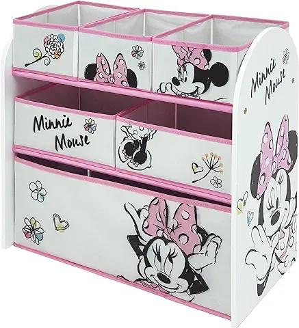 ARDITEX Mueble Organizador de Juguetes Minnie Mouse, Estantería Infantil de Madera y 6 Cestos Textiles de Almacenaje, Estilo Montessori para Habitación o Sala de Juegos Niños, 62 x 30 x 60 cm, Blanco  