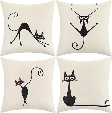 ARNTY Fundas Cojines 45x45 cm, Fundas de Cojines Modernas Juego de 4 Funda de Almohada Elegantes Decorativa para Sofá Coche Cama Sillas (Gato-Lino Algodón)  