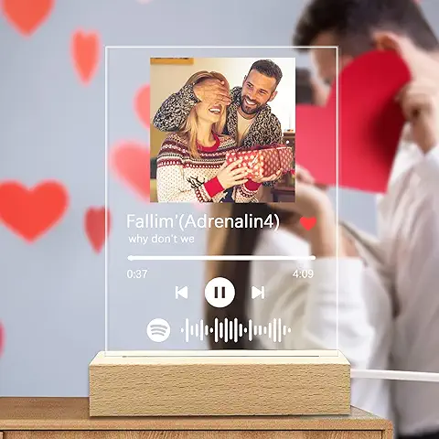 Arte de Vidrio de Spotify Personalizado Música Placa con ​Luz de Noche,Placa de Foto de Código Escaneable,Regalos para Novio, Novia, Tu Madre  