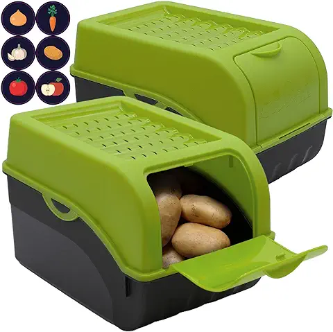 ARTECSIS 2 Cajas de Almacenamiento con Tapa + 6 Pegatinas / 29x19x19cm, 5L - 4 kg Patatas/Verde - para Frutas y Verduras, Manzanas y Cebollas  