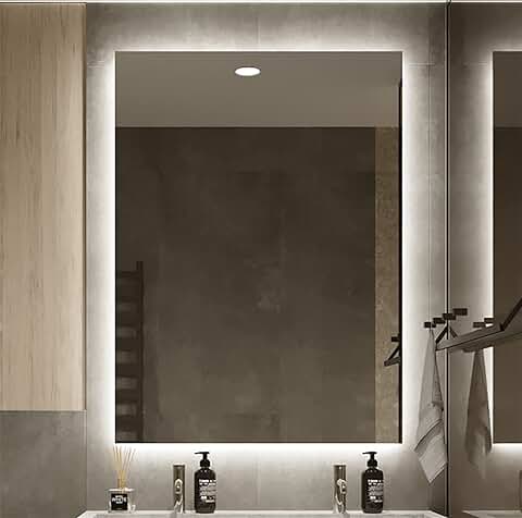 Baanio - Espejo de Baño Iluminación LED ESTEL | Antivaho | Instalación Vertical | Seguro para Ambientes Húmedos | Luz LED FRÍA | Diseño Moderno y Liso, 80 x 100 cm Vertical, Vidrio  