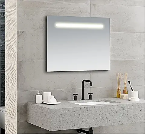 Baanio Espejo de Baño Luz Led Roma 100x80 Horizontal con Lámina Antivaho, con Colgadores Incluidos de Fácil Instalación. Espejo a Pared con Luz Frontal. Espejo Retroiluminado IP44  