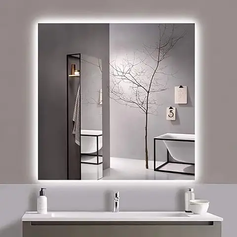 Baanio - Espejo LED Cuadrado para Baño con Luz Fría [Blanca] Square Light | ANTIVAHO | Diseño Moderno y Minimalista, 80x80cm, Vidrio | Plata ECOLÓGICA  