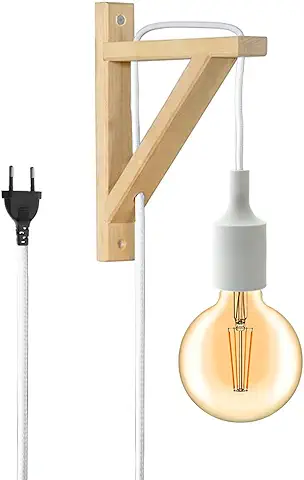 BarcelonaLED Aplique de Pared con Cable Enchufe Interruptor Nórdico de Escuadra de Madera Colgante de Silicona Blanco Casquillo E27 LED  