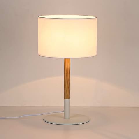 BarcelonaLED Lámpara de mesa Nórdica Blanca con base de Aluminio, Cuerpo de Madera y Pantalla de Tela, Casquillo para Bombilla LED E27 Sobremesa Escritorio Salón Mesita de Noche  