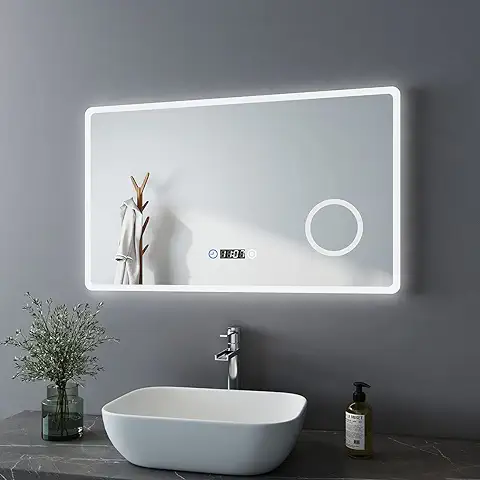 Bath-mann Espejo de Baño LED de 100x60 cm, Espejo de Baño con Iluminación, 3 Colores de luz, 3000 – 6400 K, Blanco Frío, Neutro, Espejo de Baño, Espejo de Pared con Interruptor Táctil con Reloj  