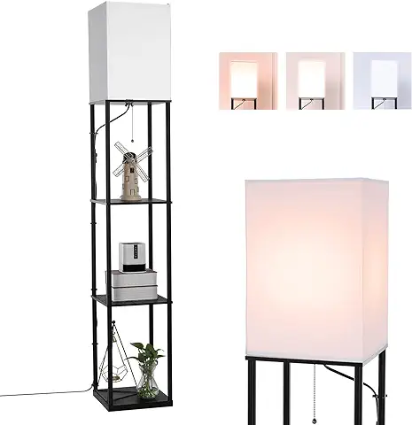 BBHome Moderna Lámpara de pie con Estante de Madera, 3 Temperaturas de Color Regulables, Lámpara LED de pie para el Salón, Dormitorio, Oficina y Otras Habitaciones, Bombilla de 9 W Incluida (negro)  