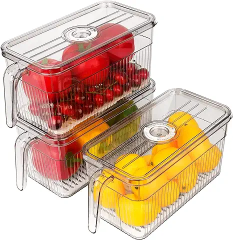 Bewahly Organizador Nevera Juego de 3, Apilable Organizador Frigorifico con Tapa y Asa, Organizadores de Nevera para Fruta Verdura, Cajas Almacenaje Nevera para Cocina, Despensa, Armarios - Sin BPA  