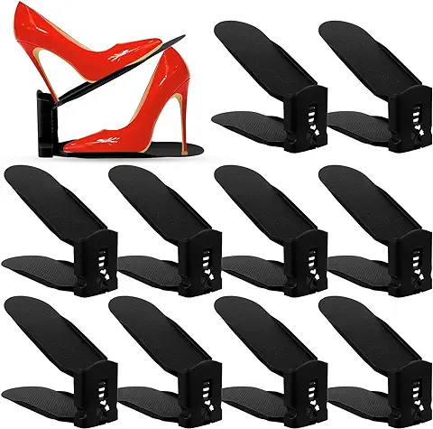 BEYAOBN Organizadores de Zapatos 10Pcs Soporte de Calzado de Altura Ajustable Zapatos Antideslizante de Polipropileno, Zapatos Ahorra Espacio, Organizador de Zapatos de Doble Cubierta（negro）  