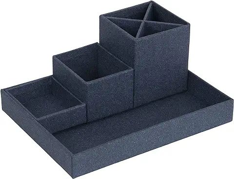 Bigso Box of Sweden Organizador de Escritorio para Bolis, Clips, Notas, etc. – Caja Clasificadora con 4 Compartimentos – Sistema Organizador de Tablero de Fibras y Papel con Aspecto de lino – azul  