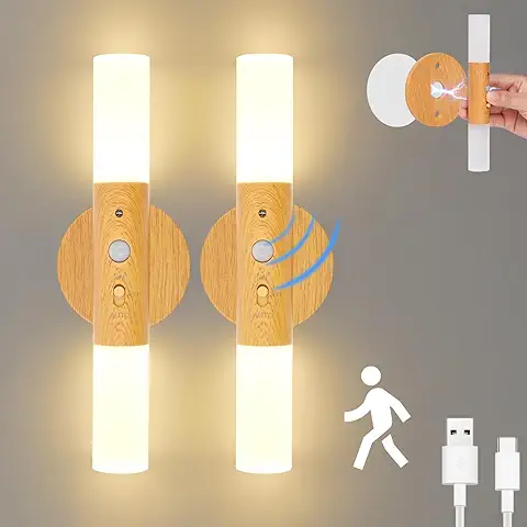 Birnetek® Aplique Pared Interior 2 Unidades, Lampara Pared de Madera con Sensor de Movimiento, USB Recargable Lamparas Sin Cables Para Dormitorios Pasillos Escalera  