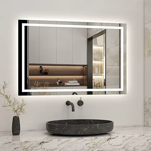 Biubiubath Espejo con Sencor LED Táctil de Baño 100 x 80 cm, Espejo de Baño con Luz LED 6000k Blanco, Espejo de Pared Led con Técnica Impermeable y Antivaho  