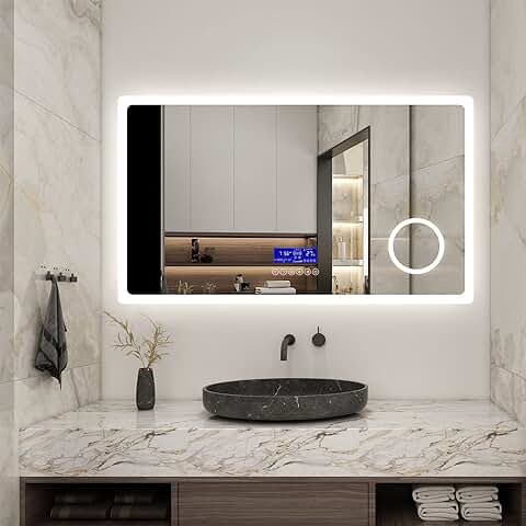 Biubiubath Espejo LED para Baño con Bluetooth, 1000 x 600 mm, Espejo de Baño con Interruptor de Sensor, Almohadilla Antivaho, 2 Luces, Blanco Frío + luz Cálida, 3 Aumentos de Reloj Montado en la Pared  