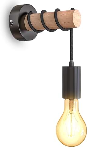 B.K.Licht I Wall Lamp I 1 Flame Vintage wall lamp I Industrial Design I Retro Lamp I Steel I Wood I Round I E27 I sin Bombilla  