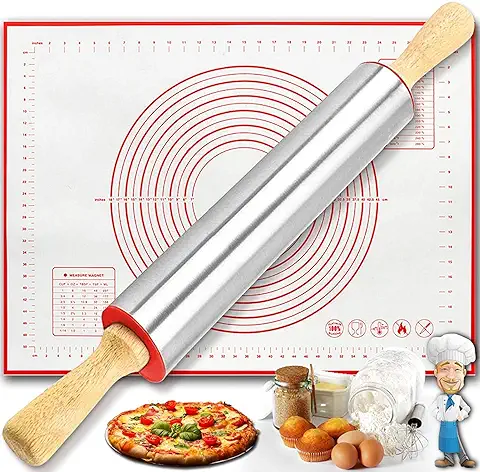 BOCHION Rodillo Cocina, Rodillo de Amasar Inoxidable Antiadherente con Mango de Madera + Tapete Silicona con Medidas, Fácil de Limpiar Gadgets Cocina para Todas Masas, Pizza, Galletas, Pastel, Chapati  