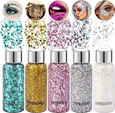 Body Glitter Gel, Lentejuelas de Sirena con Purpurina Líquida, 5 Colores Gel Holográfico, Chunky, Flakes Paillette para Cara, Cuerpo, Cabello, Uñas, Brillante Decoración para Pelo  