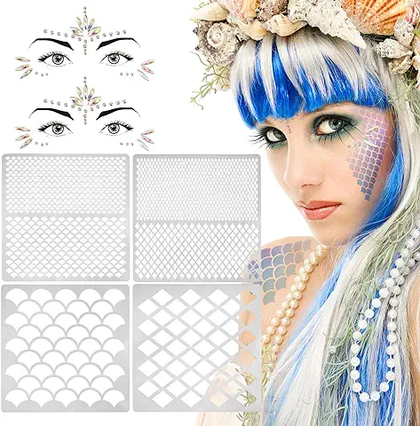 BOFUNX 4pcs Plantillas Maquillaje Facial de Sirena+2pcs Gemas para Cara Pegatinas de Diamante para Cara Accesorios Disfraces para Año Nuevo Carnaval Fiesta Temática  