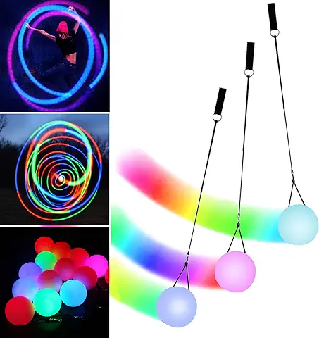 Bolas LED POI: 3 Unidades POI Ball Set LED Glow POI con Colores de Arco Iris y Efecto Estroboscópico, POI LED Mejorado para Principiantes y Profesionales, Bolas de Malabares POI  