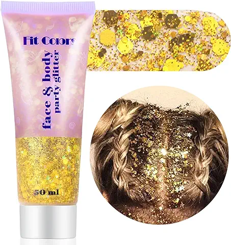 BoloShine Gel Purpurina Cara, Glitter Maquillaje para Corporal Pelo Clavos, Sirena Lentejuelas Purpurina Líquida, Festival Accesorios para Halloween Festival Masquerade 50ML (Dorado)  