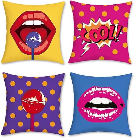 Bonhause Juego de 4 Funda de Cojín Pop Art 45 x 45 cm Labios Polka Dots Terciopelo Suave Fundas de Almohada para Cojines Decorativos para Sofá Cama Coche Hogar  