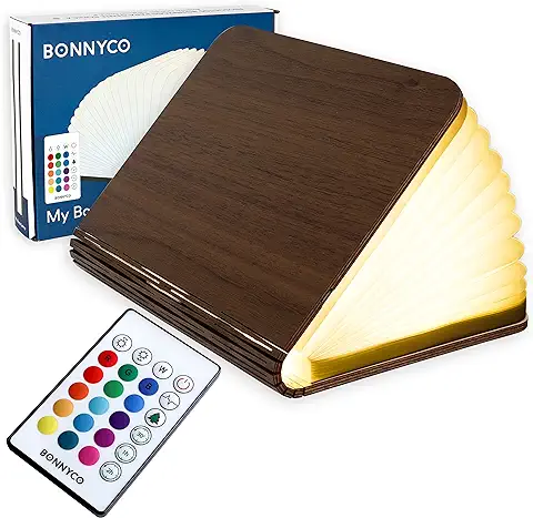 BONNYCO Lampara Libro Plegable de Madera con Mando, 16 Colores y Temporizador Lamparas Mesilla de Noche Ideal Decoracion Casa y Habitacion | Regalo Original Cumpleaños, Navidad y Amigo Invisible  