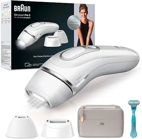 Braun Luz Pulsada Silk-expert Pro 3 PL3221 Depiladora IPL, Reducción Del Vello Visible En Casa, Blanca/Plateada, Con Funda, Cabezal Ancho, Cabezal De Precisión Y Maquinilla Venus  