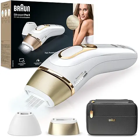 Braun Luz Pulsada Silk-expert Pro 5 PL5140 Depiladora IPL, Reducción Del Vello Visible En Casa, Con Funda, Cabezal De Precisión Y Maquinilla Venus, Alternativa A Depilación Láser, Blanca/Dorada  